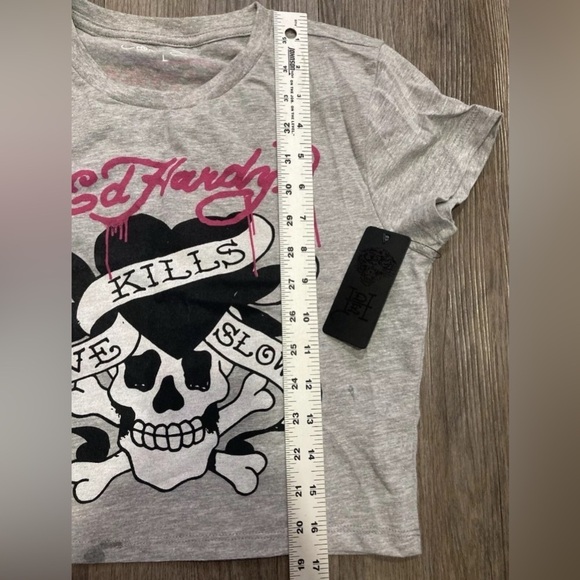 Ed Hardy Love Kills Slowly Gray Crop T-shirt Top Large - Picture 5 of 5